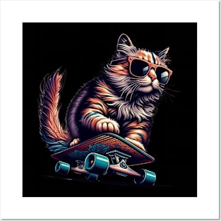 Skateboarding Kitten Sports Skateboarder Cute Ginger Cat Posters and Art